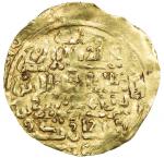 KHWARIZMSHAH: Muhammad, 1200-1220, AV dinar (2.48g), Kishm, DM, A-1712, obverse double-struck, mint 
