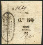 Assedio di Palmanova, 50 centismi, 1848, serial number 3629, manuscript black text on cream parchmen