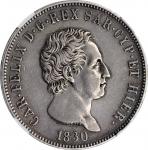 ITALY. Sardinia. 5 Lire, 1830-P. Genoa Mint; mm: eagles head. Carlo Felice. NGC EF-45.