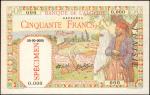 TUNISIA. Banque de lAlgerie. 50 Francs, 1938-45. P-12s. Specimen. Choice Uncirculated.