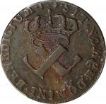 1721-H French Colonies Sou, or 9 Deniers. La Rochelle Mint. Martin 3.1-B.1, W-11830. Rarity-3. EF-45