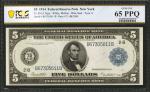 Fr. 851A. 1914 $5 Federal Reserve Note. New York. PCGS Banknote Gem Uncirculated 65 PPQ.