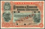 Hong Kong and Shanghai Banking Corporation, specimen $100, 1 January 1921, no serial numbers, red an
