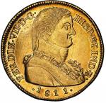 Santiago, Chile, gold bust 8 escudos, Ferdinand VII transitional ("admiral" bust), 1811 FJ, NGC AU d