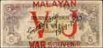 1942年马来西亚日本军票5元。加盖纪念品印。MALAYA. Japanese Government. 5 Dollars, 1942-46. P-M6x. Victory Leaflet. Very