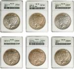 Lot of (6) About Uncirculated Peace Silver Dollars. (ANACS). OH.