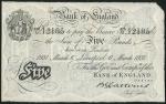 Bank of England, B.G. Catterns, ｣5, Liverpool, 6 March 1931, serial number 475/U 12185, black and wh