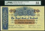 Royal Bank of Scotland, ｣20, 1 May 1957, serial number G/66 3181, blue and pale yellow with a red-br