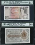 英国纸币2枚一组，包括1988-91年（无日期）英伦银行10镑及1969年英属褔克兰群岛50便士，分别评PMG64及66EPQ。British Notes Mixed Lot, a pair of n