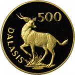 1977年冈比亚500 Dalasis精製金币。PCGS PROOF-69 DEEP CAMEO Secure Holder.