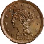 1853 Braided Hair Cent. N-13. MS-62 BN (NGC). CAC.