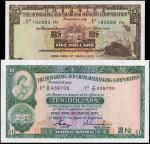 Hong Kong, $5 & $10, HSBC, 1975-83 (KNB68p,69aa;P-181f,182j) S/no. 162583FN; H/55 439705, UNC, light