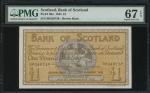 1945年苏格兰银行1镑，编号BO 349730, PMG67EPQ, PMG纪录上唯一最高评分