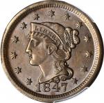 1847 Braided Hair Cent. N-14. Rarity-4. Grellman State-d. MS-64 BN (PCGS). CAC.