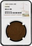 China: Empire, 20 Cash, 1909, NGC Graded MS 61 BN. (Y-21), Hazelnut with crimson mottling obverse wi