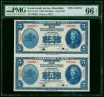 1943年荷属东印度爪哇银行5盾双连钞样票，打孔注销，PMG 66EPQ。Netherland Indies, an uncut pair of 5 gulden, specimen, 1943, M