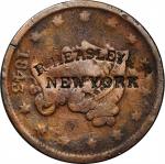R. HEASLEY & CO. (curved) / NEW YORK on an 1843 Braided Hair large cent. Brunk H-437, Rulau NY-2202.