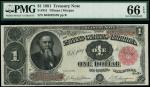 x United States of America, Treasury Note, $1, 1891, serial number B43025538, black on red, Edwin M.