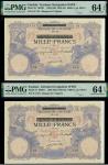 x Banque de lAlgerie, Tunisia, German Occupation WWII, consecutive pair of 1000 francs overprint in 