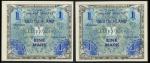 Allied Military Currency, Germany, ERROR 1 Mark (2), 1944, identical serial number 115037002 blue on