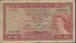  Government of Mauritius, 10 rupees, ND (1954), prefix B, plum red and lilac and green, Elizabeth II