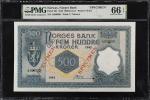 1942年挪威银行500克朗票样 PMG Gem Unc 66 EPQ NORWAY. Norges Bank. 500 Kroner
