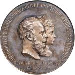1883年俄罗斯亚历山大三世和玛丽亚-费奥多罗夫娜加冕银章，圣彼得堡造币厂。RUSSIA. Coronation of Alexander III & Maria Feodorovna Silver 