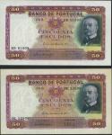 Portugal, Banco de Portugal, lot of 2x 50 escudos, 3.3.1938, serial numbers KB01008 and OK12508, bro