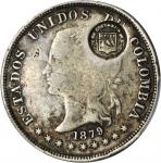 COLOMBIA. Costa Rica. (1889) counterstamp on Colombia 1879 Bogotá 50 Centavos. KM-134.1. VF-20, C/M 