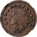 1863 Indian Head / Indian Head. Fuld-73/84 a. Rarity-6. Copper. Plain Edge. AU-58 BN (NGC).