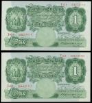 1929-34年英伦银行纸币二枚一组，面值一镑，编号T61 665910-1,  均UNC 有少许碰痕