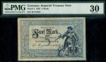 Germany, Imperial Treasury note, 5 marks, 10 January 1882, red serial number W 177521 blue and white