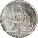 1909-A年坐洋贸易银圆一圆银币。巴黎造币厂。FRENCH INDO-CHINA. Piastre, 1909-A. Paris Mint. PCGS MS-63.