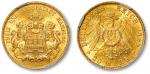 1899年德意志帝国汉萨同盟汉堡自由市20马克金币一枚，铸工精美，金色纯正，状态顶级，NGC MS66（2830043-001），目前为该公司评级纪录唯一冠军分
