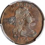 1806 Draped Bust Half Cent. C-2. Rarity-4. Small 6, Stems to Wreath. AU-53 BN (NGC).