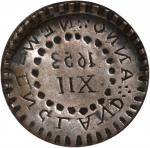 Reverse die for a 1653 Pine Tree shilling fantasy by C. Wyllys Betts. Copper. 28.9 mm. Choice Extrem