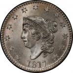 1817 Matron Head Cent. Newcomb-13. 13 Stars. Rarity-1. Mint State-66 BN (PCGS).