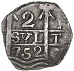 Tucuman, Argentina, "imitation cob" 2 reales, date "752" (official issue, struck 1820-24), proper qu