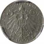 1909年青岛大德国宝伍分。柏林铸币厂。(t) CHINA. Kiau Chau. German Occupation. 5 Cents, 1909. Berlin Mint. PCGS AU-55.