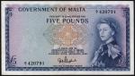 Government of Malta, £5, ND (1961), serial number A/1 420791, blue on multicolour underprint, portra