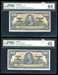 1937年加拿大一组两枚20元, 编号 B/E 4312365 及 K/E 3997434. PMG 64EPQ, 45。Bank of Canada, a pair of $20, 1937, se