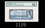 1954年加拿大银行5元，*RC0005215号补版票1954 Bank of Canada $5, s/n *RC0005215 Replacement Note, Beattie/Coyne. P