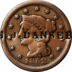 S.J. DANSER on an 1852 Braided Hair large cent. Brunk D-72 var., Rulau-Unlisted. Host coin Fine. 