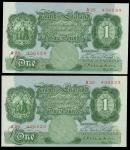 1928年英伦银行纸币一对，面值一镑，编号A25-436523-524，均颜色鲜艳的AU品相