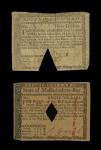 Massachusets Colonial Currency Pair. May 5, 1780 $3 Fine; Similar, $8 CU. Both are cut out cancelled