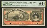 MEXICO. El Banco de Sonora. 20 Pesos, ND; 1897-1911. P-S421s. Specimen. PMG Choice Uncirculated 64 E