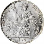 1914-A年坐洋贰角银币。巴黎造币厂。FRENCH INDO-CHINA. 20 Cents, 1914-A. Paris Mint. NGC MS-63.