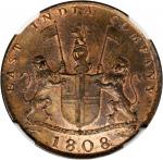 INDIA. East India Company, Madras Presidency. 10 Cash, 1808. NGC MS-64 BN.