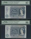 1962-66年英伦银行5镑连号4枚，无日期，编号A01 444043-046，包括趣味号A01 444044，分别评PMG 67EPQ, 66EPQ, 66EPQ 及 66EPQ