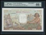 1938年法属索马里1000法郎样钞，无日期，编号 0.00 000，PMG 66EPQ，色彩绚丽的大型纸钞。French Somaliland, 1000 francs, specimen, no 
